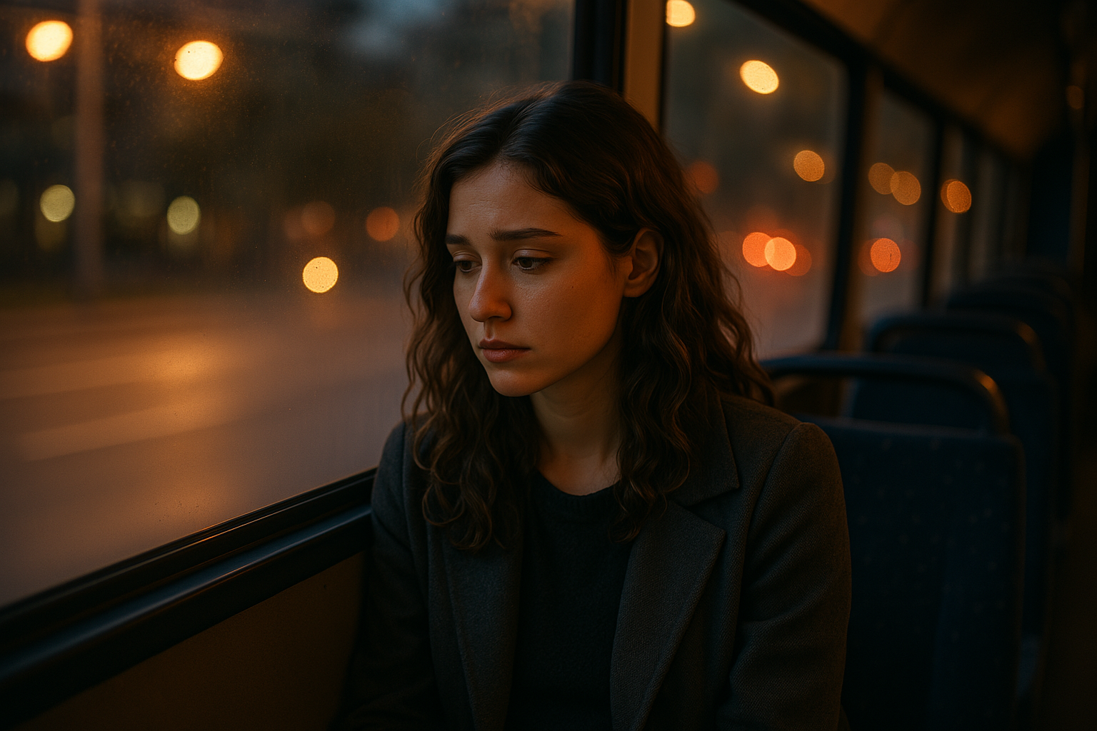 Bus driving away, person looking out the window
